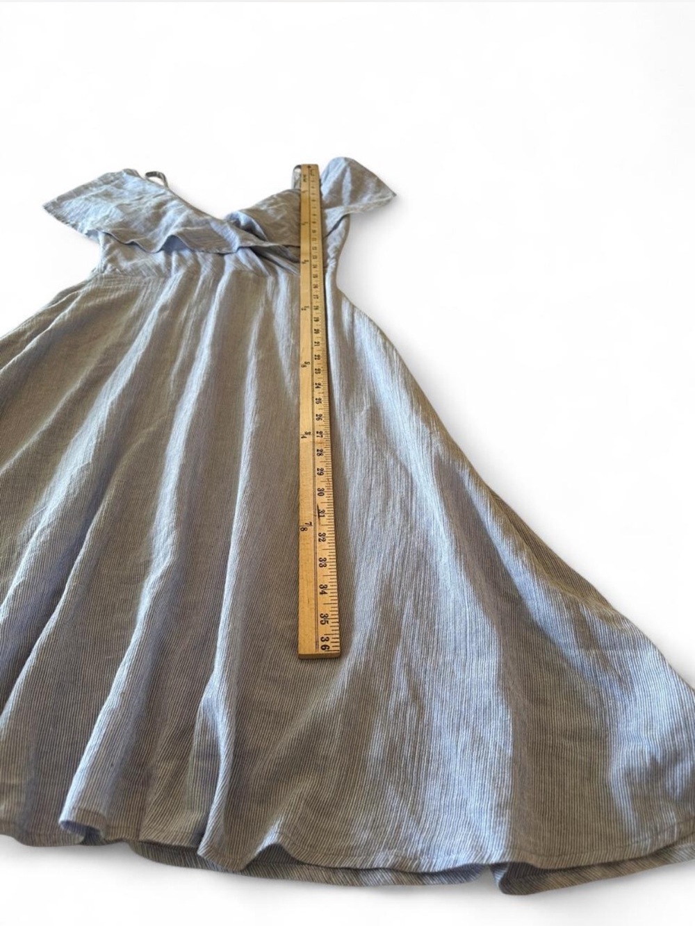 Lulus 100% Linen Blue Pinstripe Off Shoulder Midi Dress Fully Lined - Picture 7 of 8